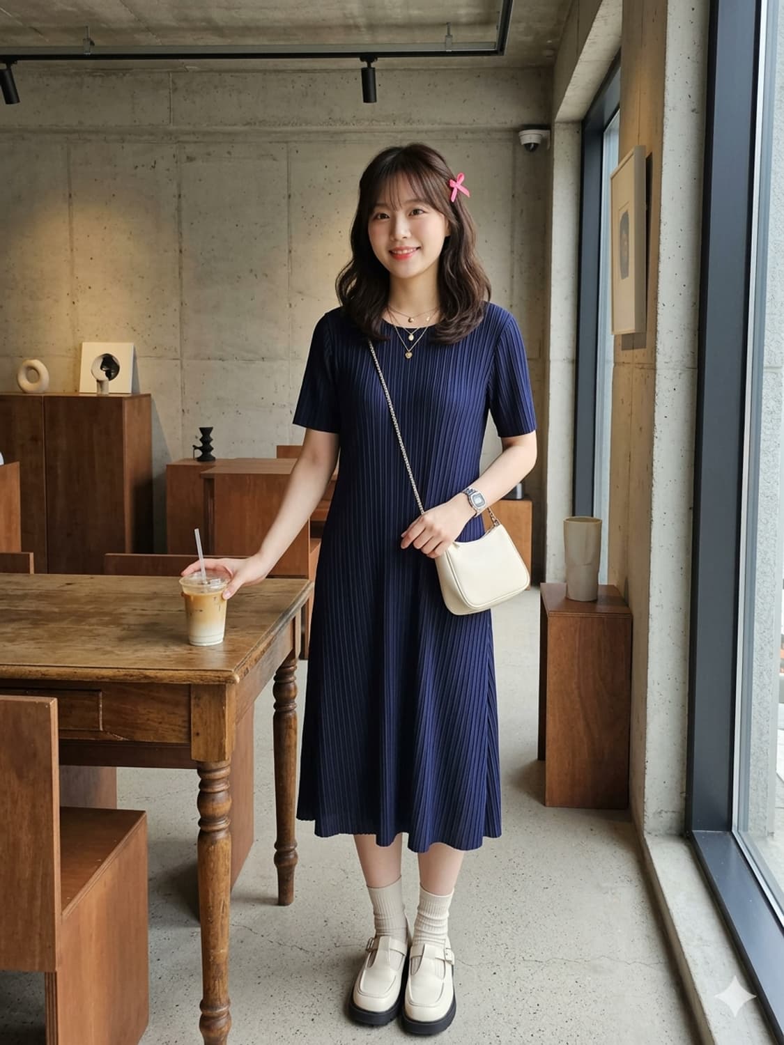 플리츠미(Pleatsme) 다크 네이비 반팔 플리츠 원피스 상품이미지1