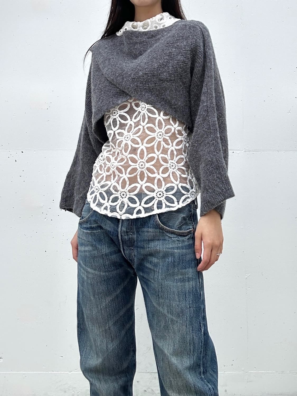 Short vertical open knit / grey 상품이미지6