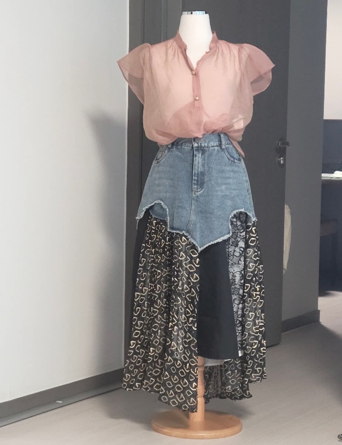 [유니크/레이어드] 데님 패치워크 언밸런스 데님스커트 상품이미지1