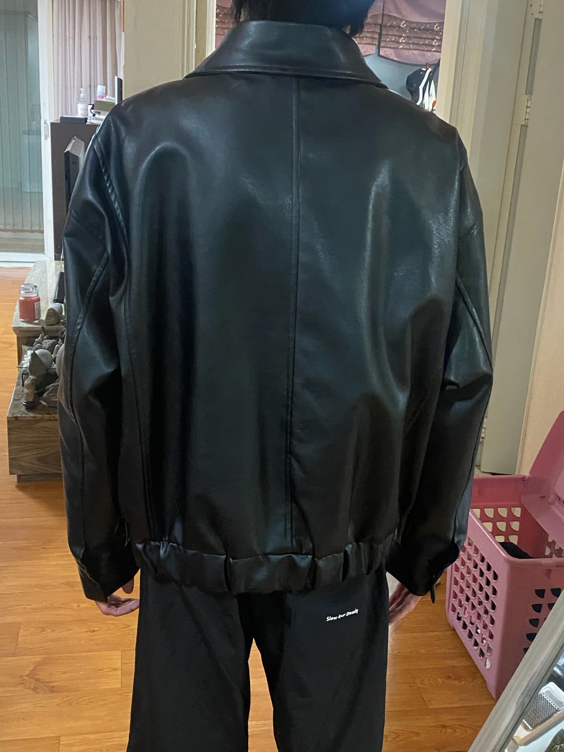 콜릿 - 빈티지 밴딩 오버핏 레더 가죽자켓 (블랙/free) 상품이미지8