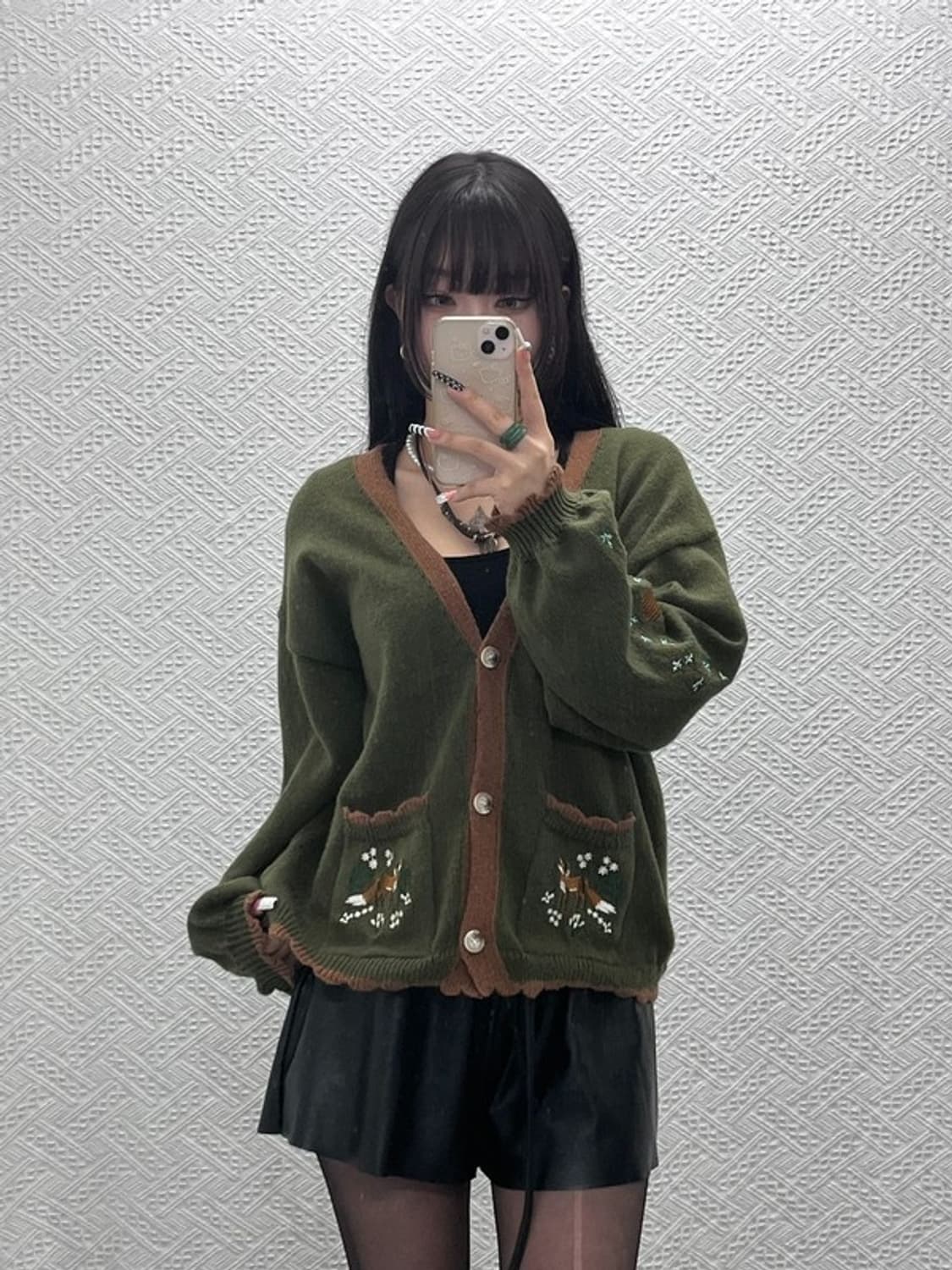 빈티지 코지 모리걸 여우 자수 말차카키 가디건 XL C10296 상품이미지2