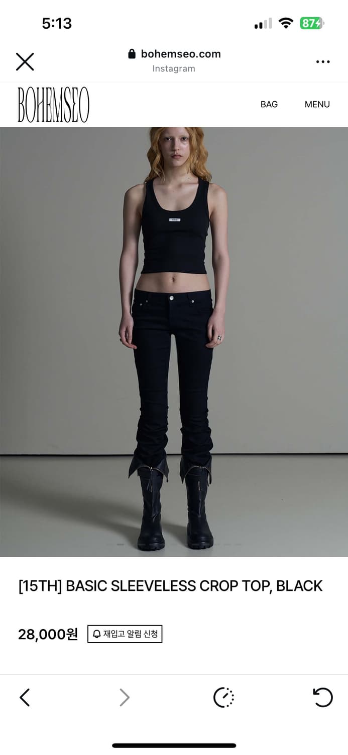 보헤미안서울 베이직 슬리브리스 크롭탑 블랙 새거 팝니다 상품이미지3