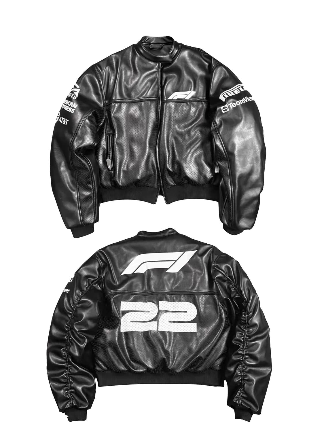 F1 Team Patch Faux Leather Bomber Jacket 상품이미지1