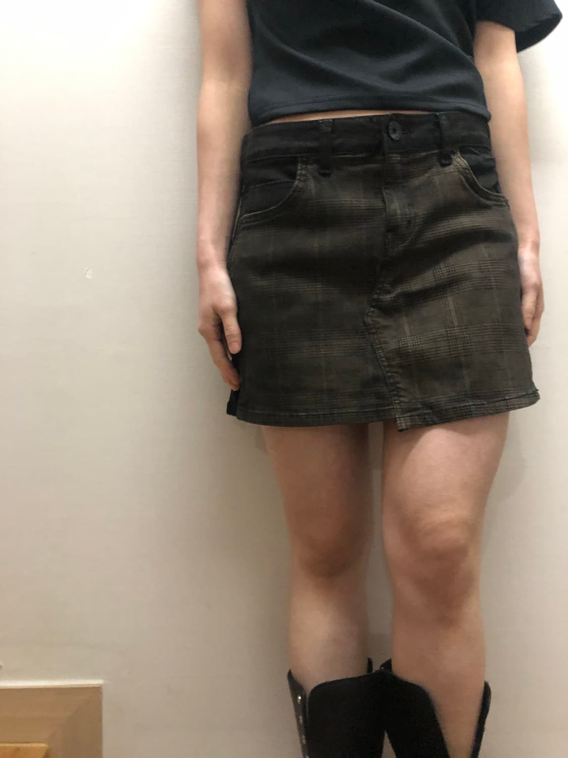 빈티지 브라운 체크 데님 미니 스커트 상품이미지2