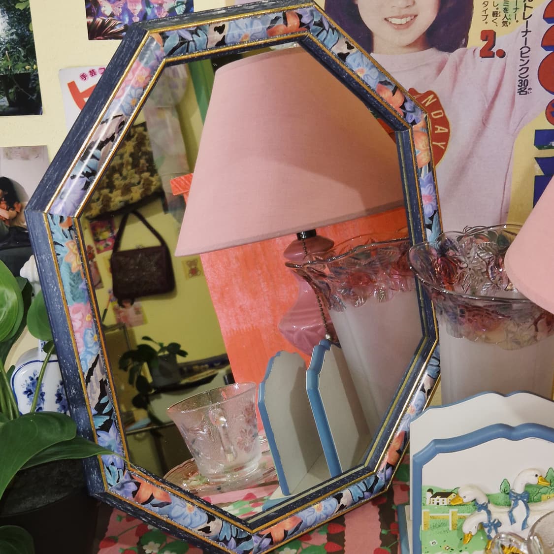 70s 이탈리아 엔틱 플로랄 8각 아트 벽거울 상품이미지6