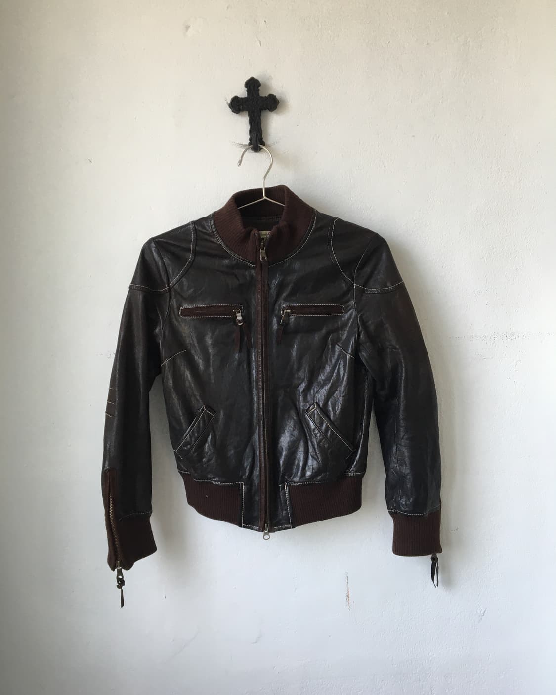 Lamb skin high neck bomber leather jacke 상품이미지2