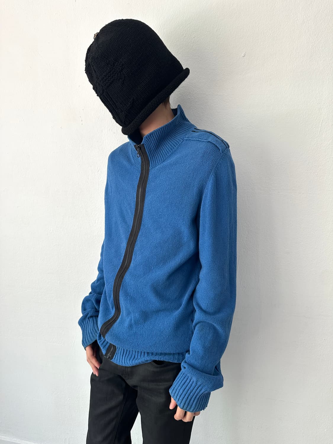 스톤아일랜드 2000s 비대칭 견장 니트집업 블루 상품이미지2