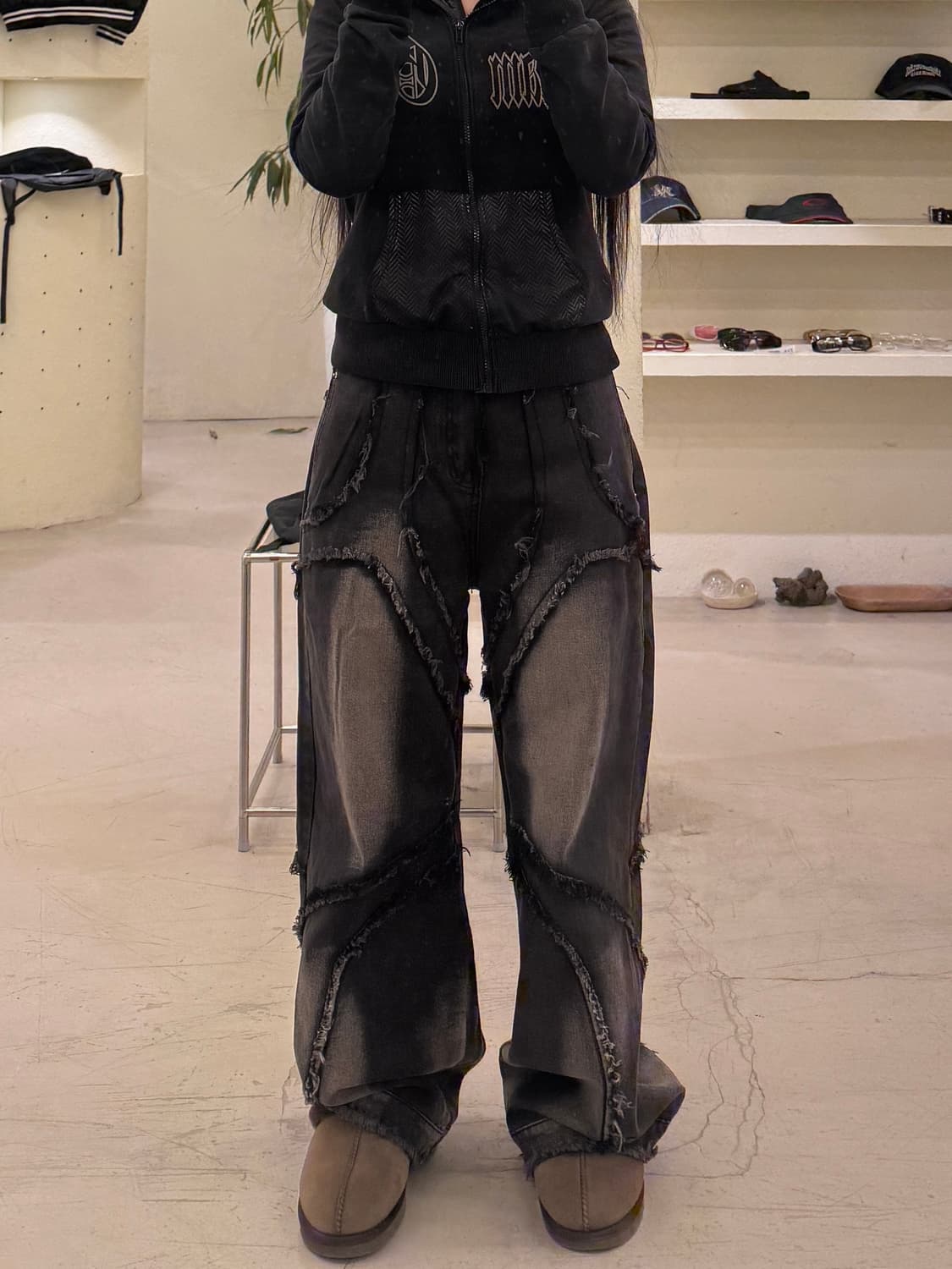 빈티지 흑청 워싱 스티치 데님 팬츠 U690 상품이미지1