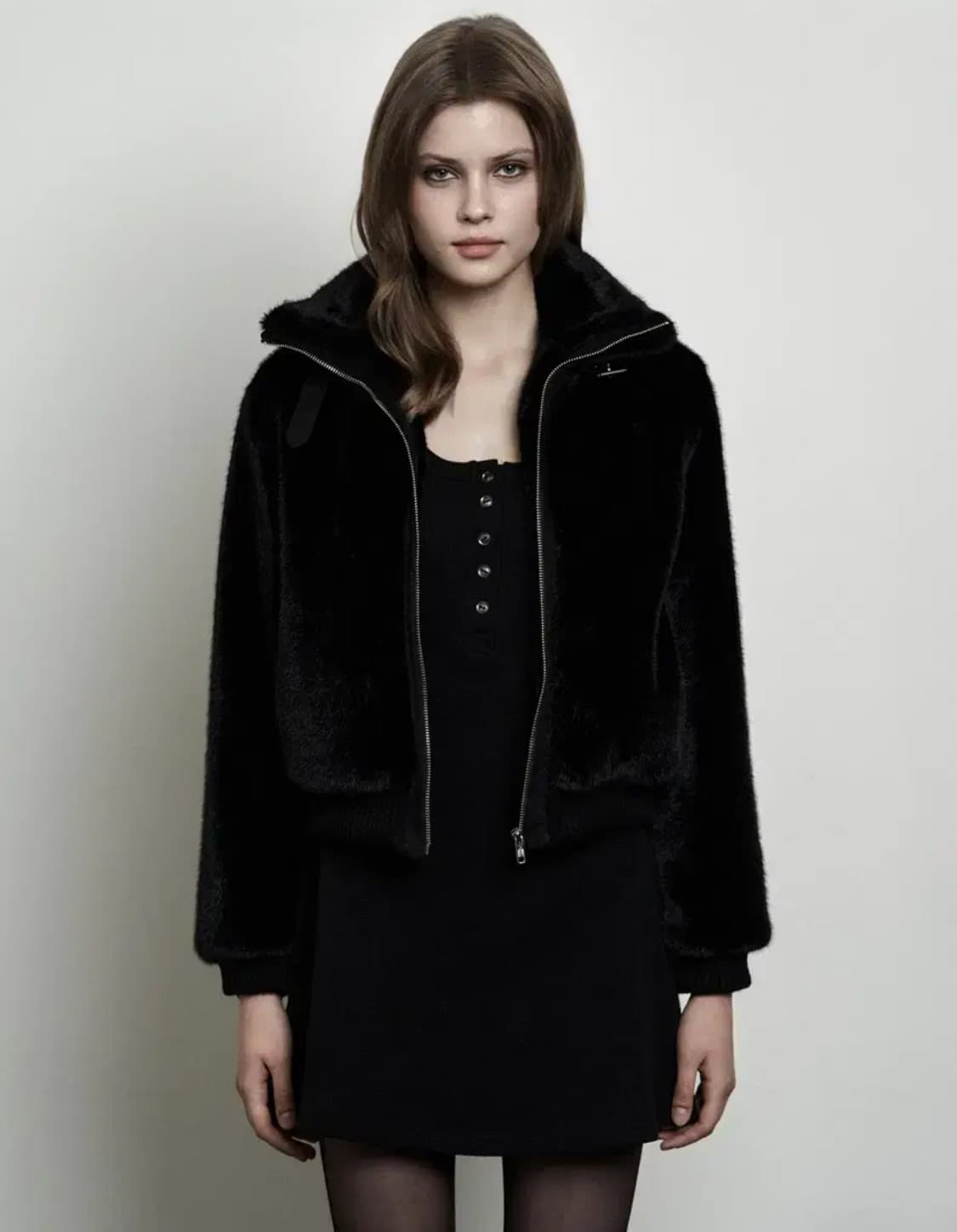 시너진 하이넥 버클 퍼 자켓 블랙 상품이미지1