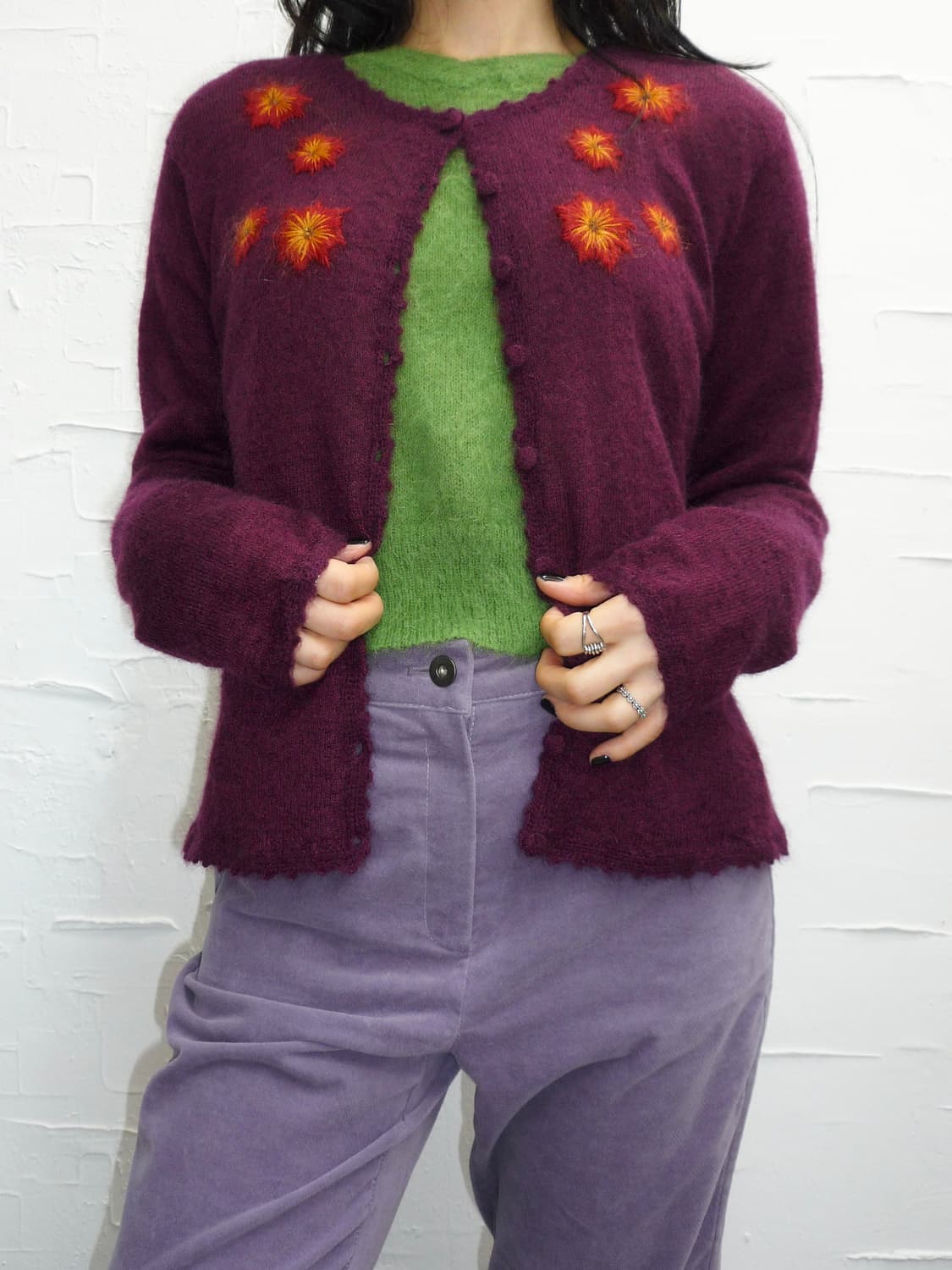 개별구매 가능)Purple cardigan & green knit set 상품이미지2
