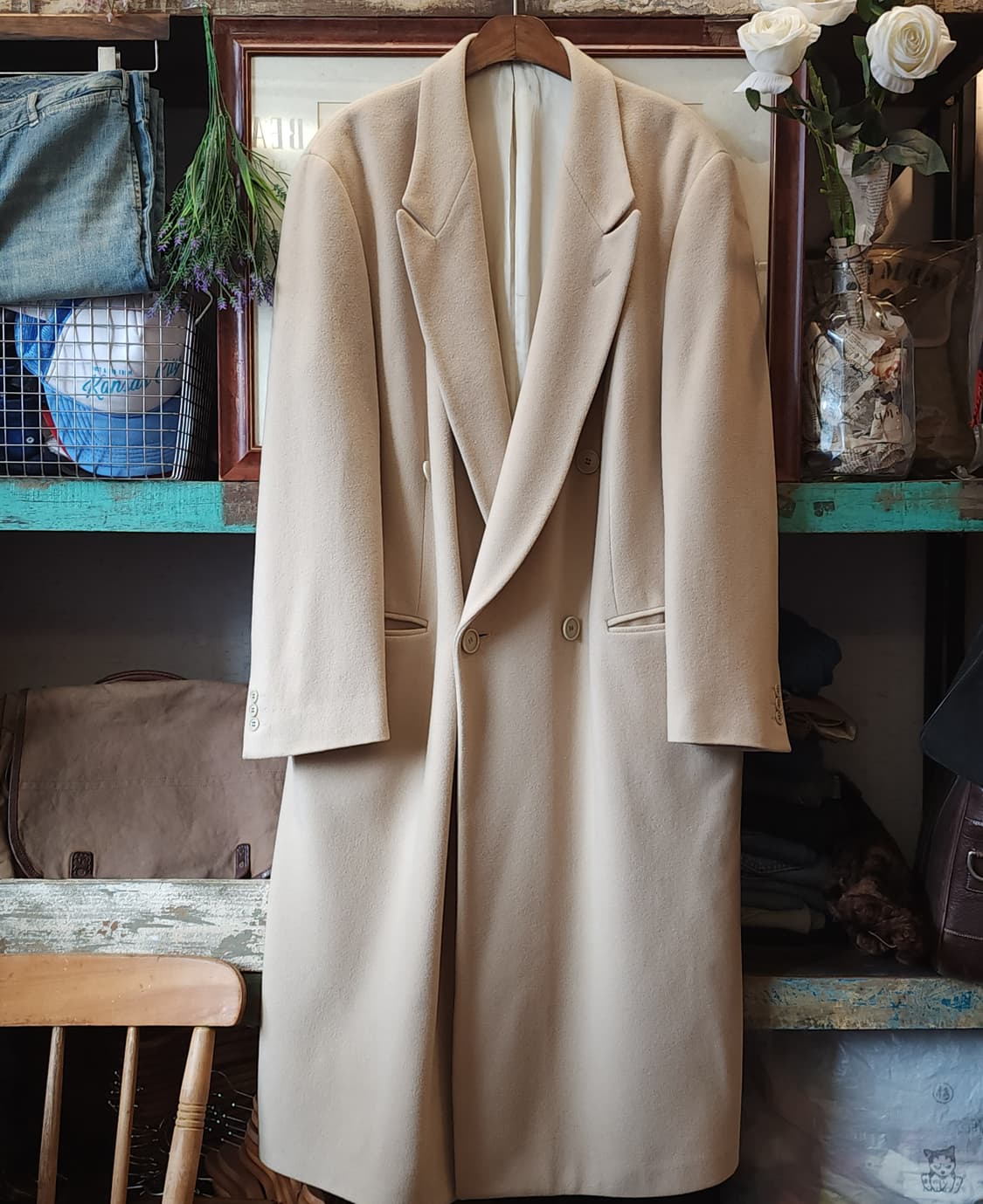 90s 조르지오 아르마니 울코트 피크드 라펠 버진울 더블코트 크림색 52 상품이미지1