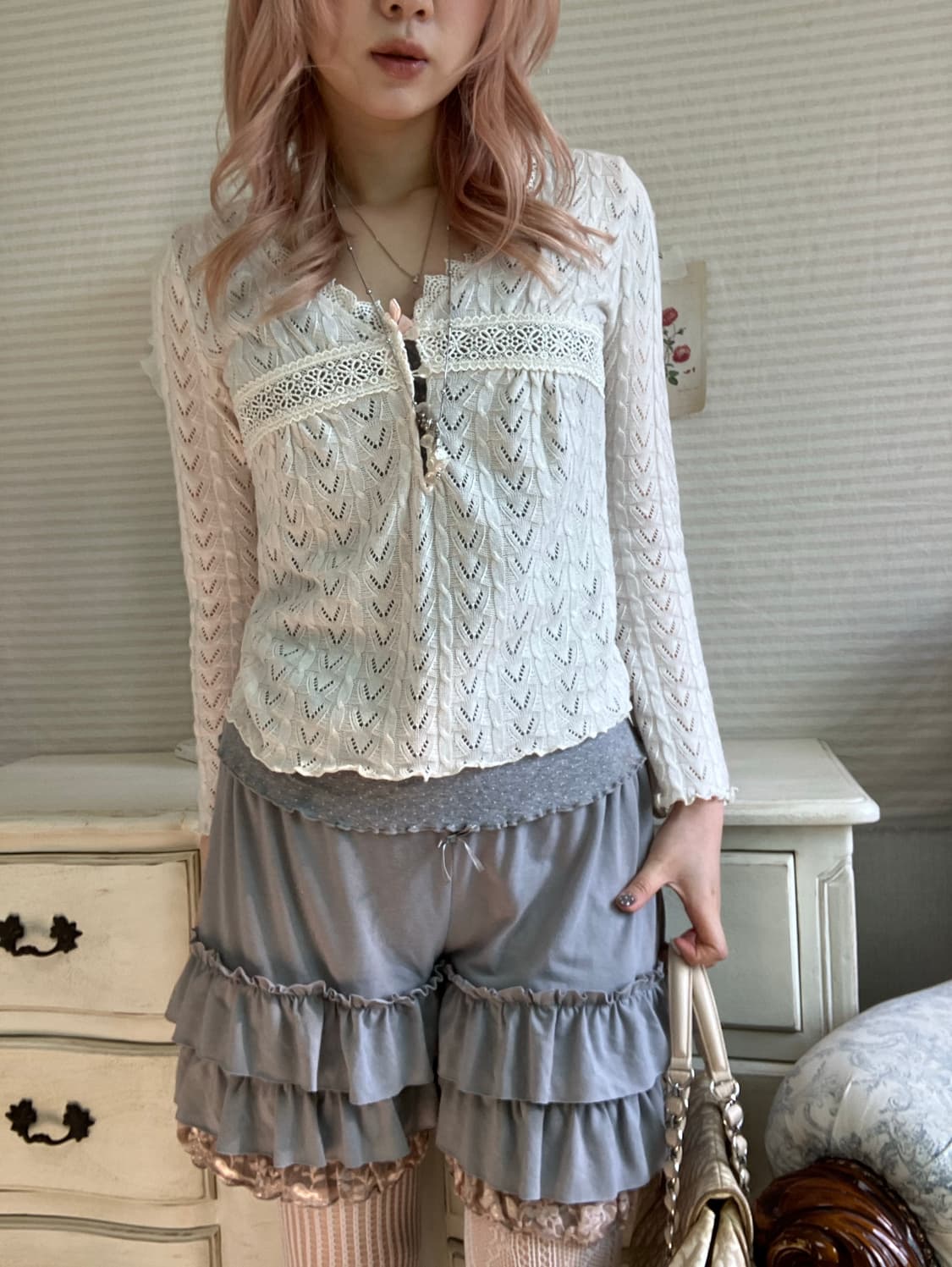 일본빈티지 크로셰 아이보리 레이스 니트 가디건 상품이미지2