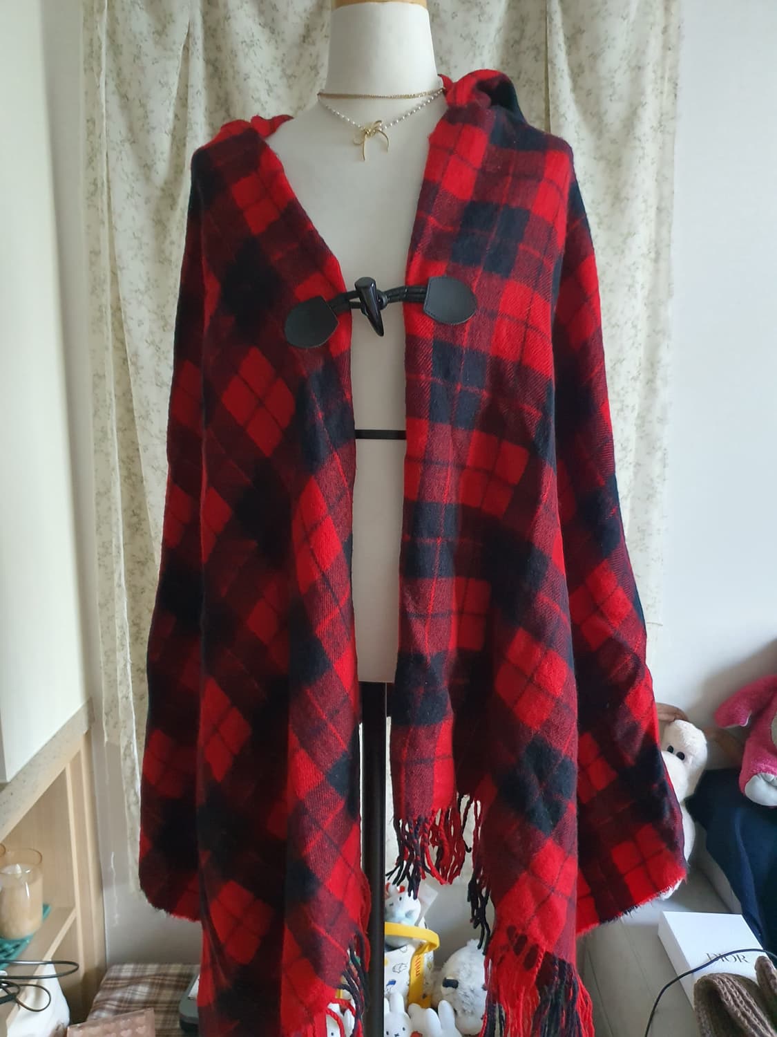 [모리걸] 레드 체크 후드 망토 숄 상품이미지1