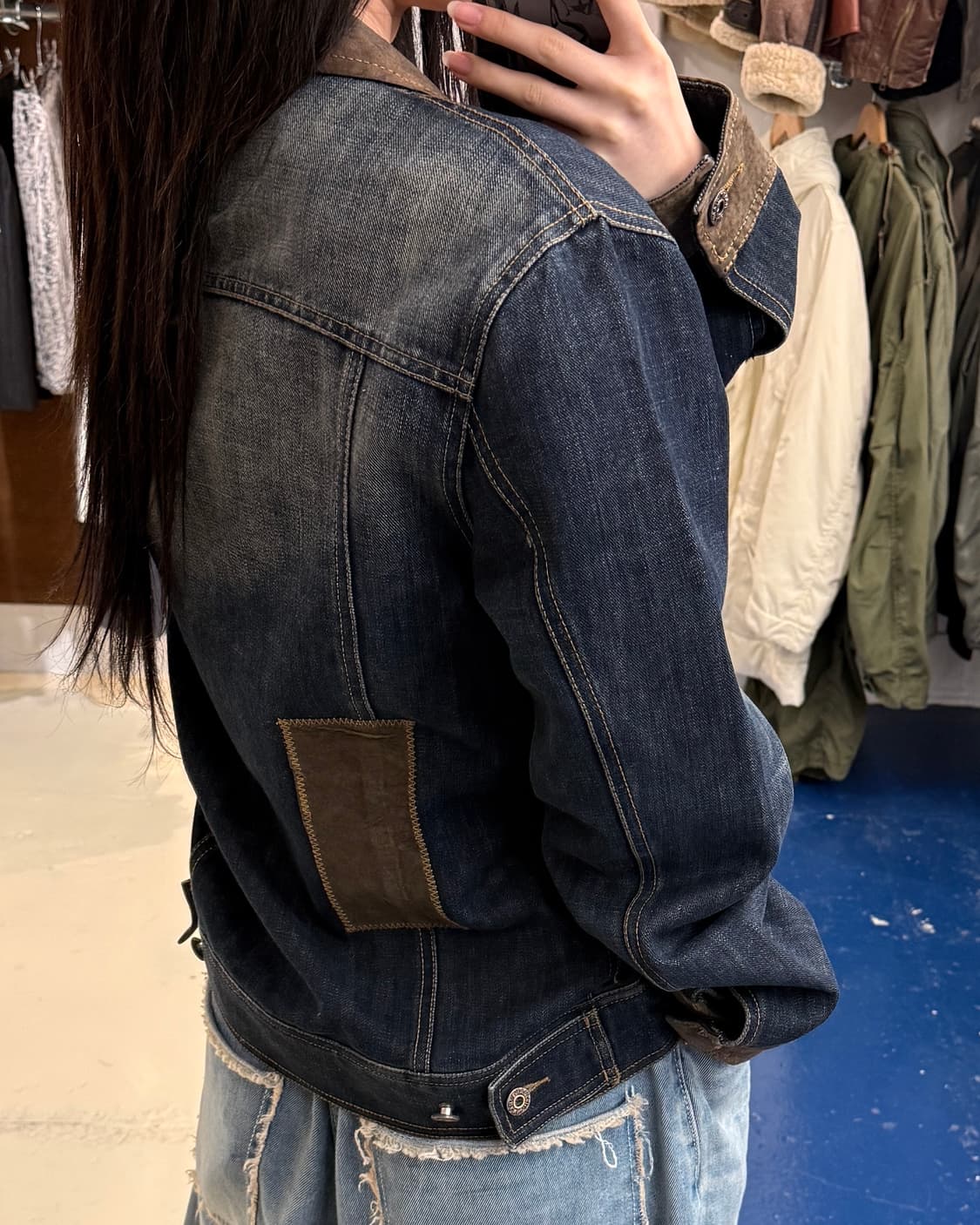 Tianlang Jianni 스웨이드 패치 데님 자켓 상품이미지3