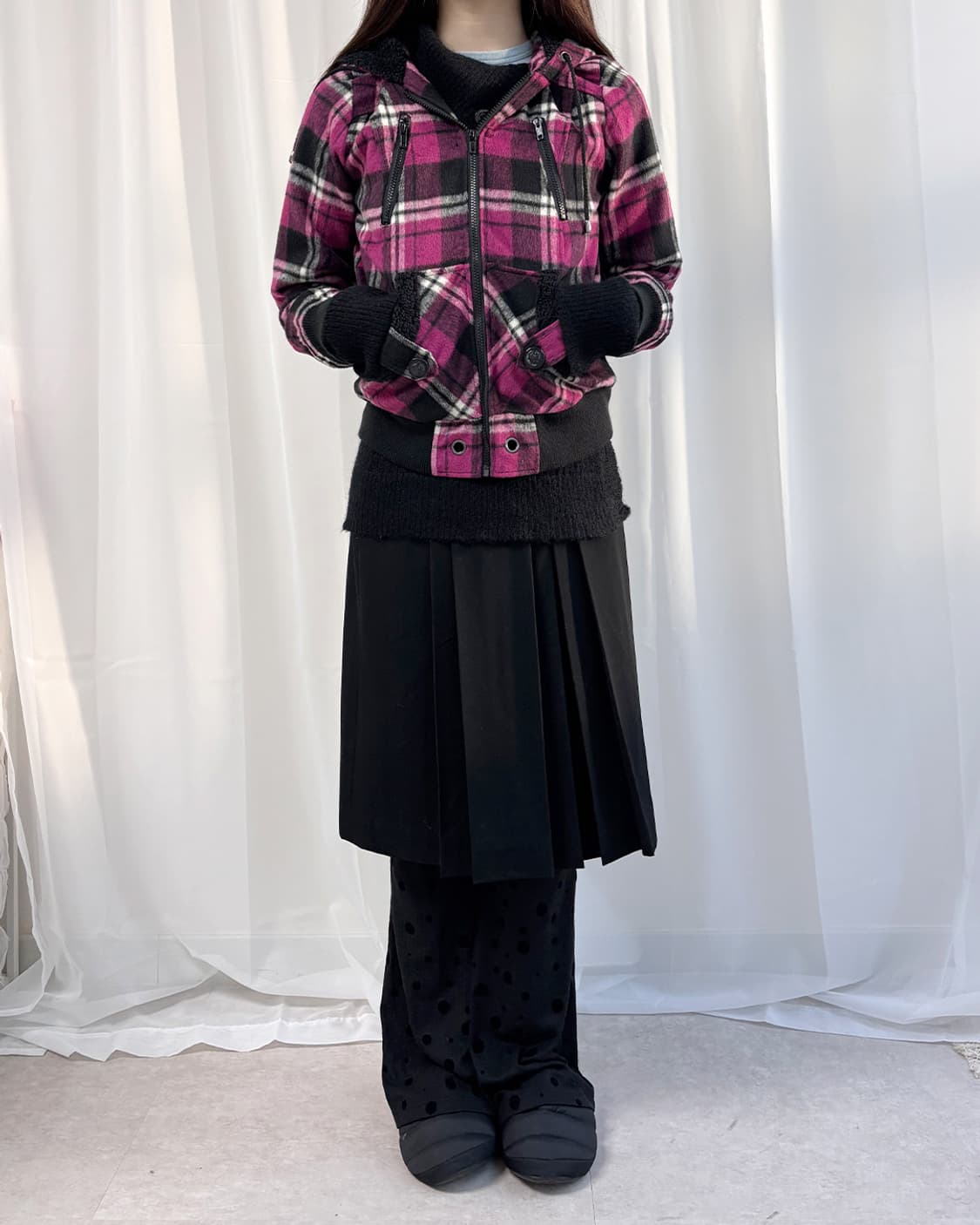 Rose Fan Fan y2k 핑크 타탄 체크 후디 점퍼 상품이미지8