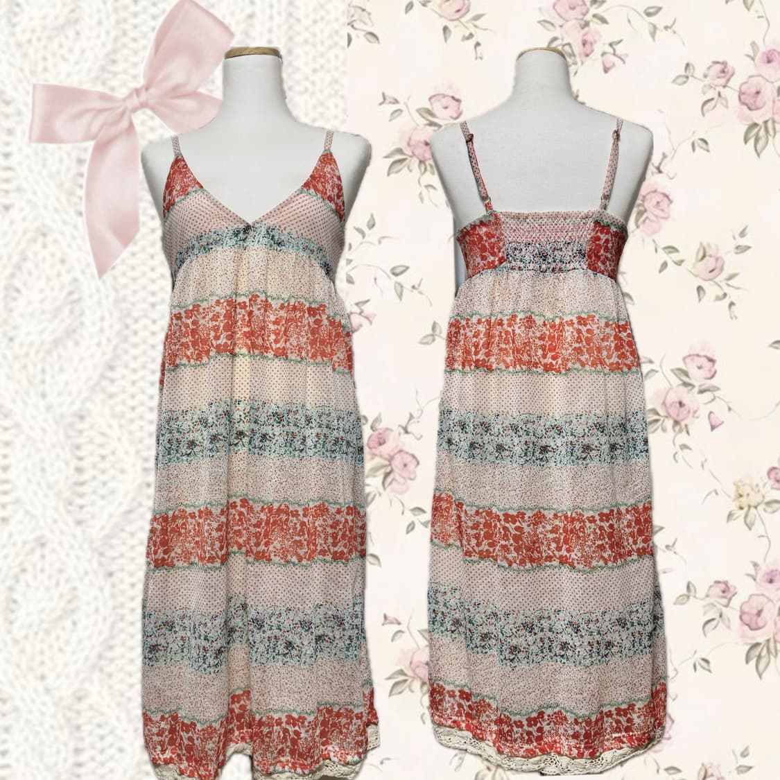 하구미 모리걸 오렌지 민트 패치워크 끈 원피스 상품이미지1