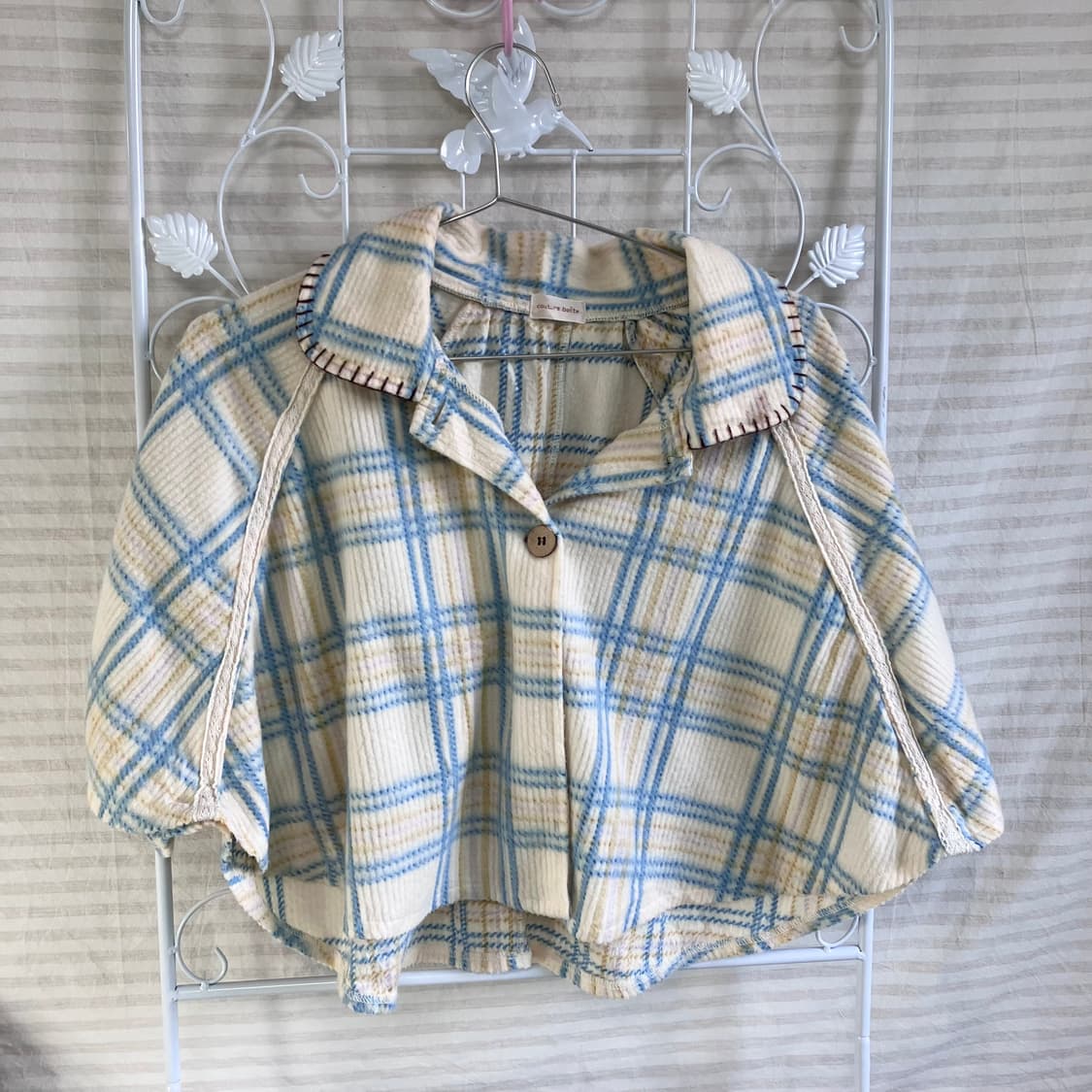 jpn vintage 아이보리 블루 체크 코듀로이 케이프 상품이미지1