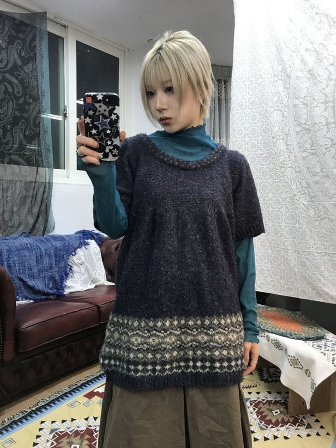 제페니즈 빈티지 에스닉 롱 반팔 니트 상품이미지1