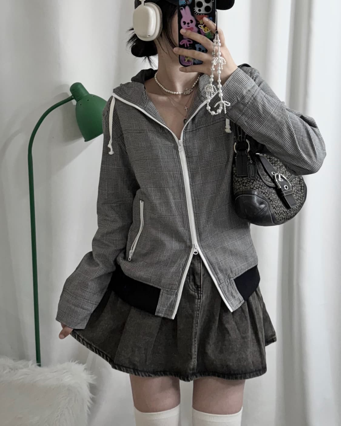 그레이 체크 투웨이 후드 집업 상품이미지1
