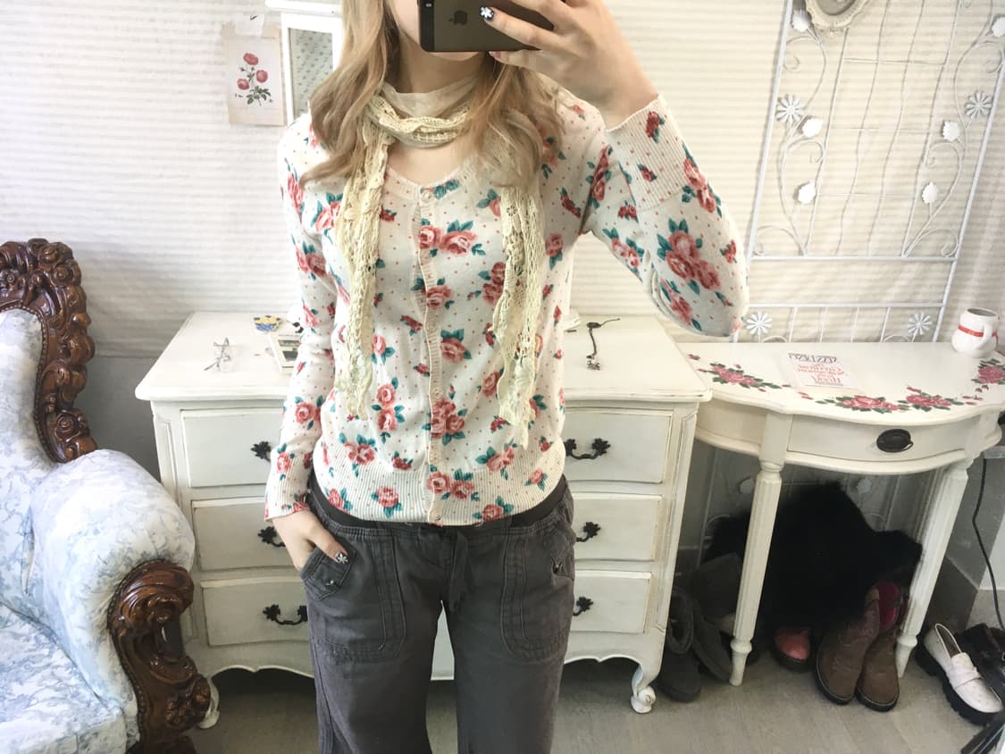 jpn vintage ivory rose dot lace cardigan 상품이미지3