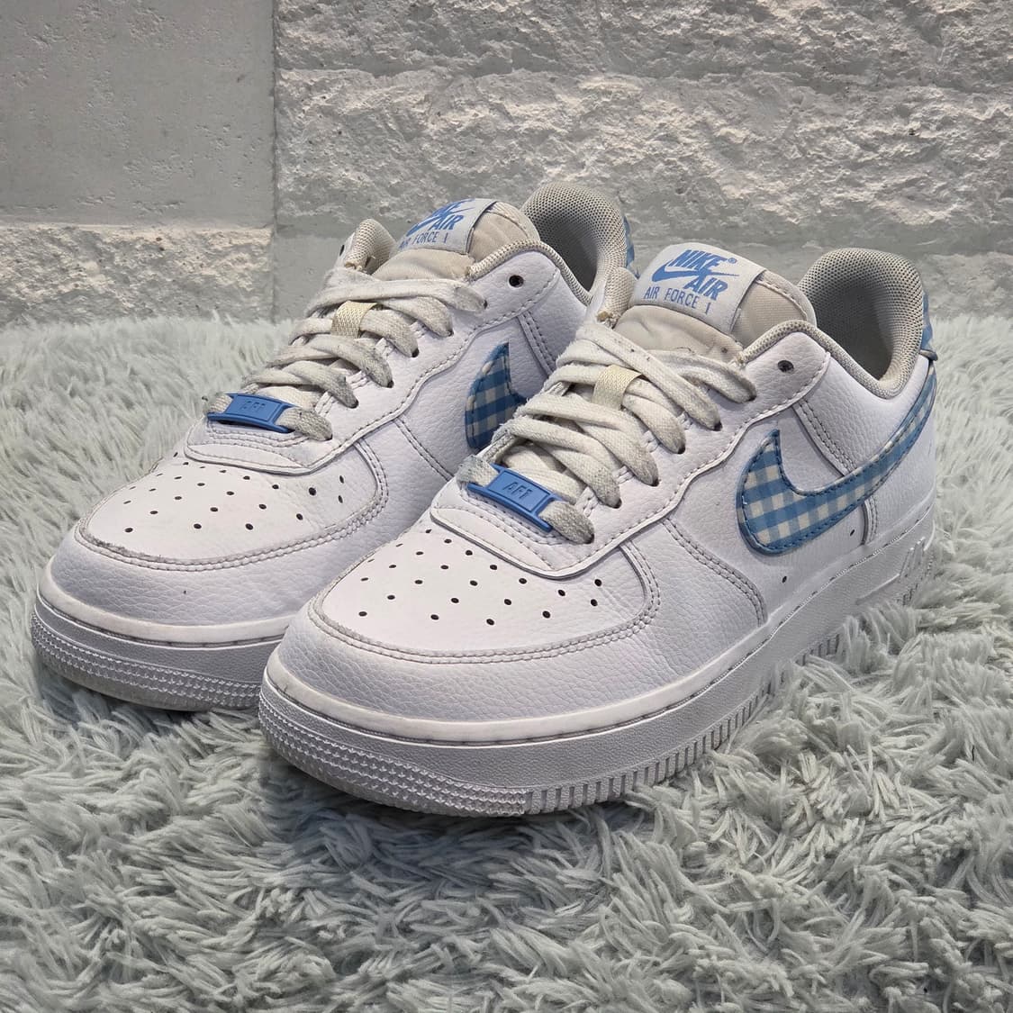 1q-19:나이키 에어포스 1 로우 징크 블루 깅엄 (23.5cm) 상품이미지1