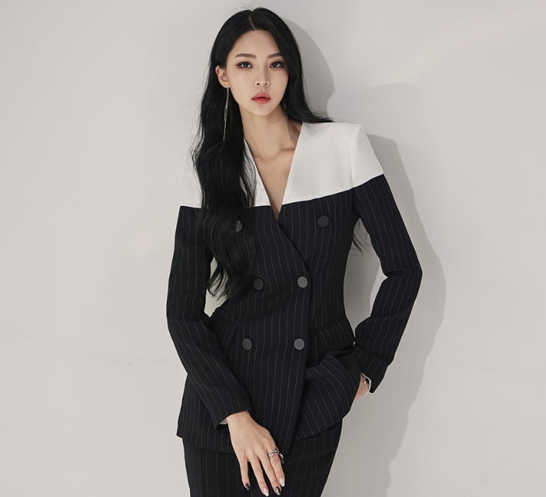 딘트 스트라이프 배색 더블 버튼 자켓 상품이미지2