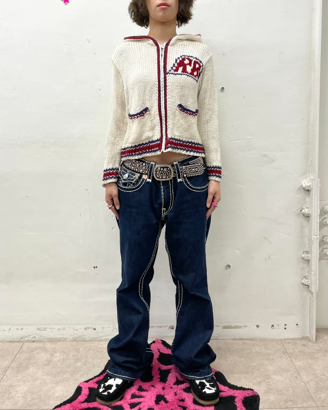 Rabbit embroidered knit white hooded 상품이미지5