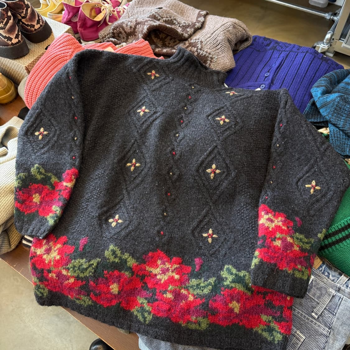 엘엘빈 퓨어뉴울 플로럴 니트 스웨터 L 상품이미지1