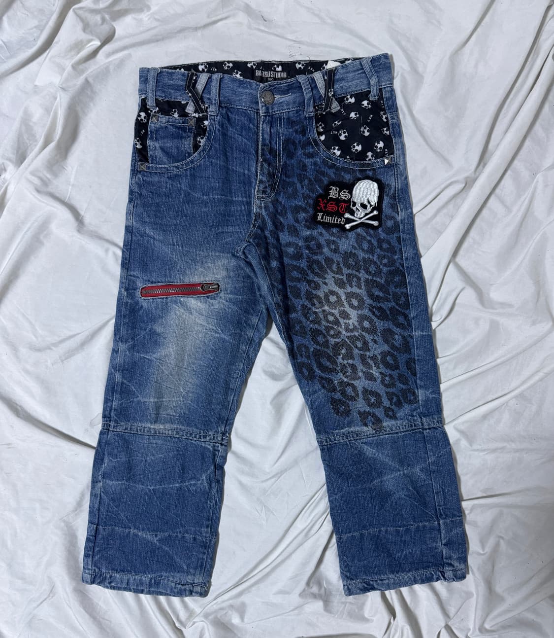 Batsu 스컬 레오파드 크롭 데님팬츠 y2k 펑크 vkei 상품이미지1