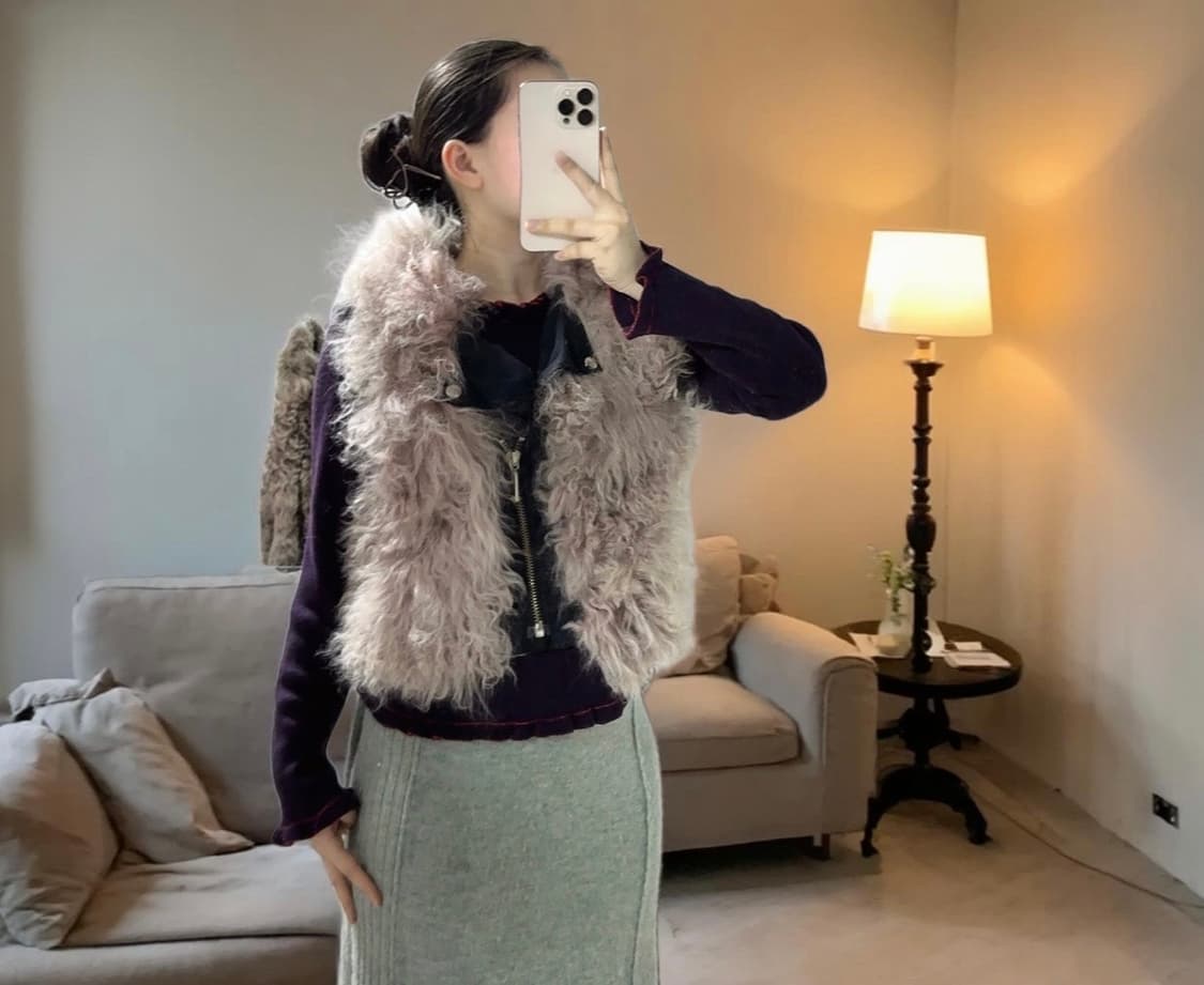 빈티지 로즈 핑크 토스카나 양털 지퍼 조끼 베스트 상품이미지1