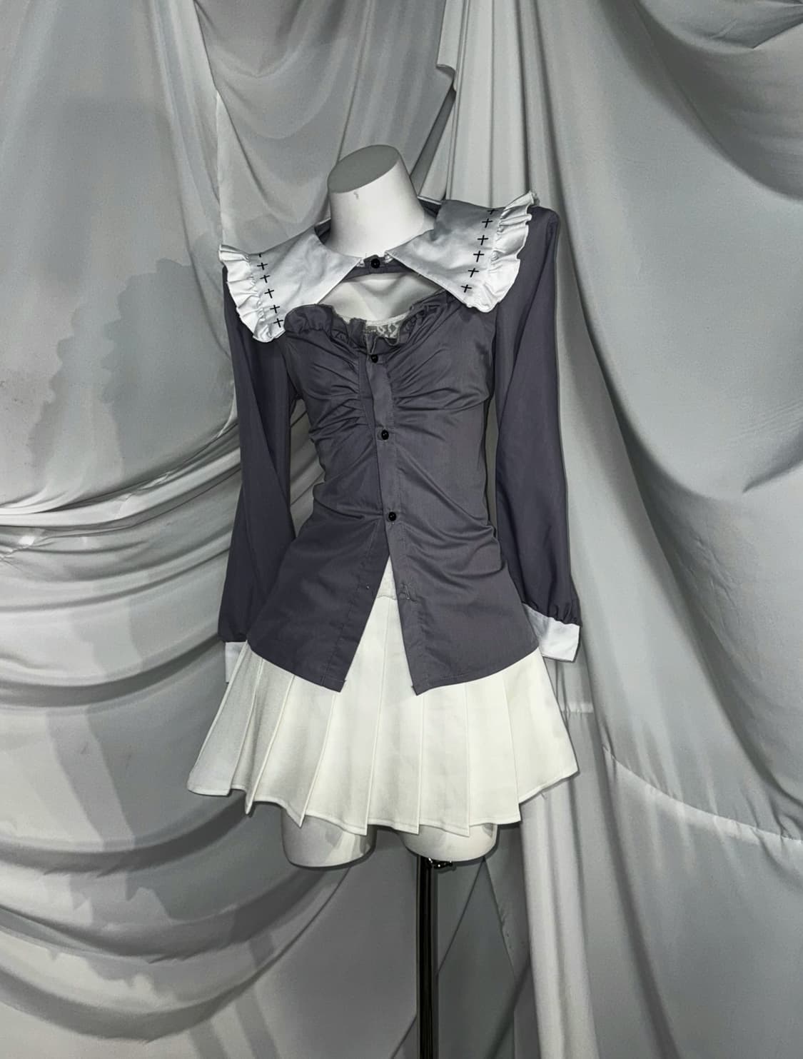 슈가슈가룬깔 화이트 십자가 세일러 체크 프레피 코디세트  상품이미지3