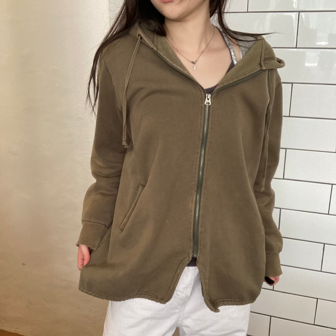 빈티지 카키 오버사이즈 후드 집업 상품이미지1