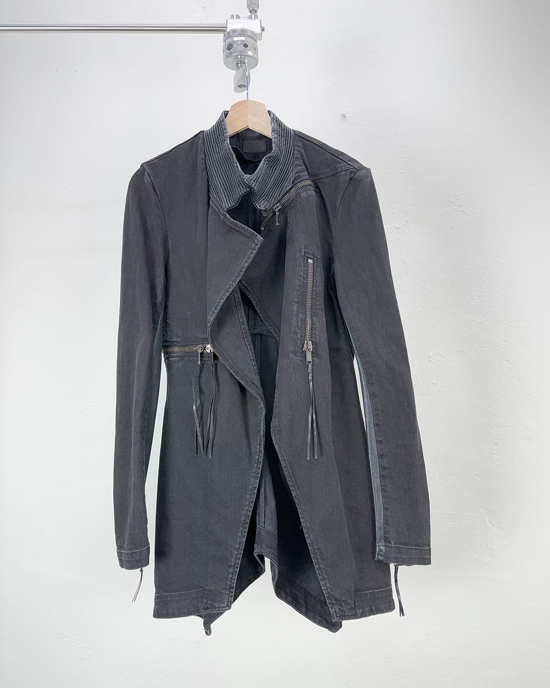 디젤 00s 블랙 레더 믹스드 오픈 카라 바이커 자켓 상품이미지2