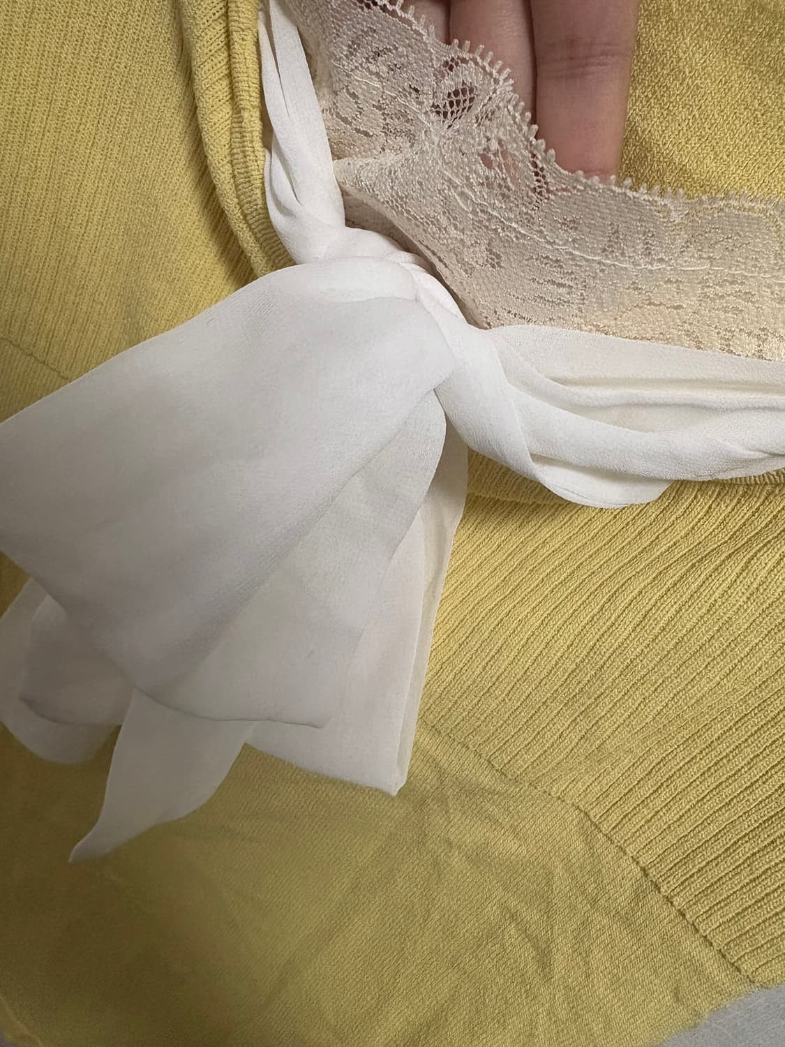 갸루) 빈티지 와투케 레이스 리본 포인트 반팔 니트 블라우스 옐로우 상품이미지3