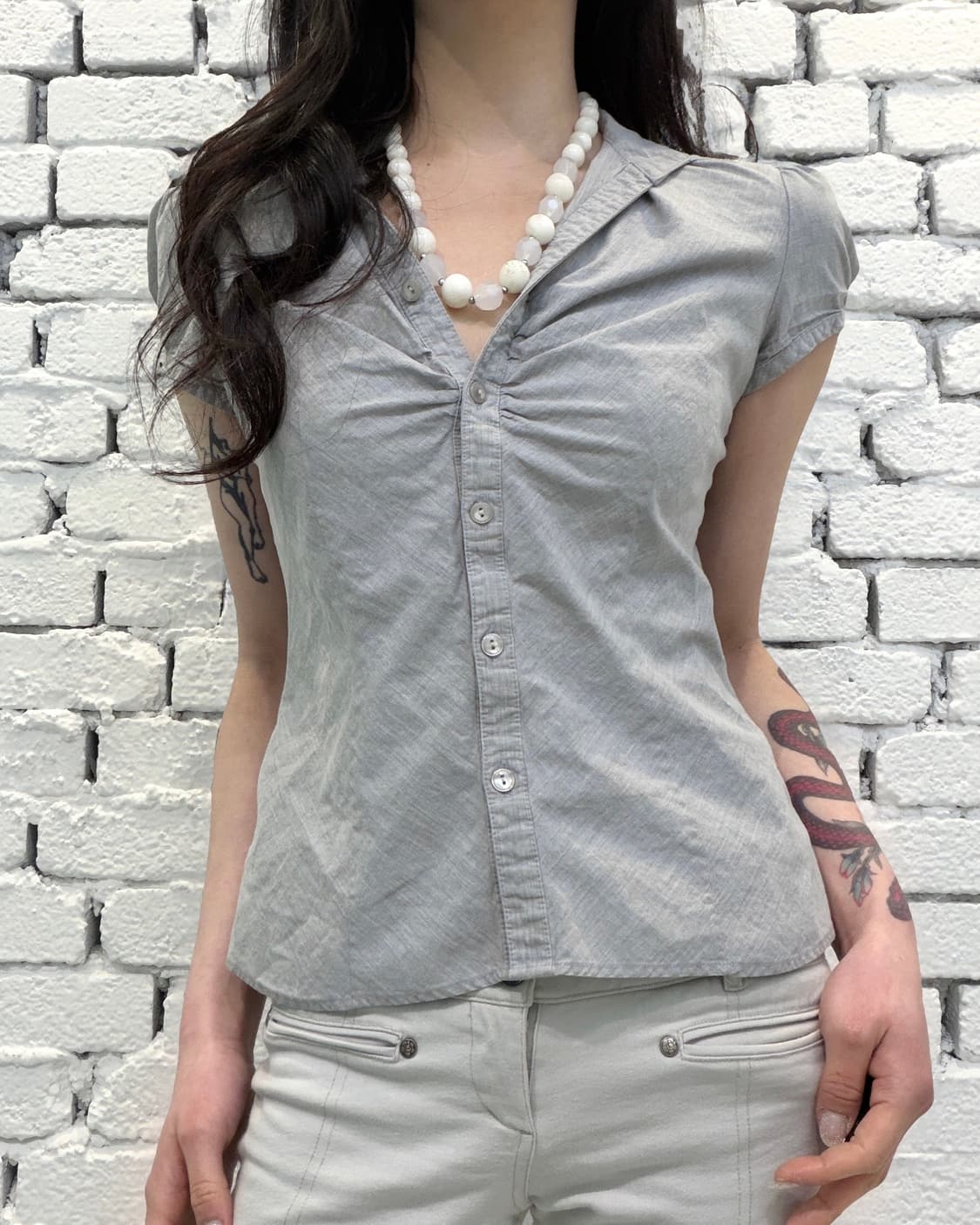 Shirred Puff Sleeve Fitted Blouse 상품이미지3