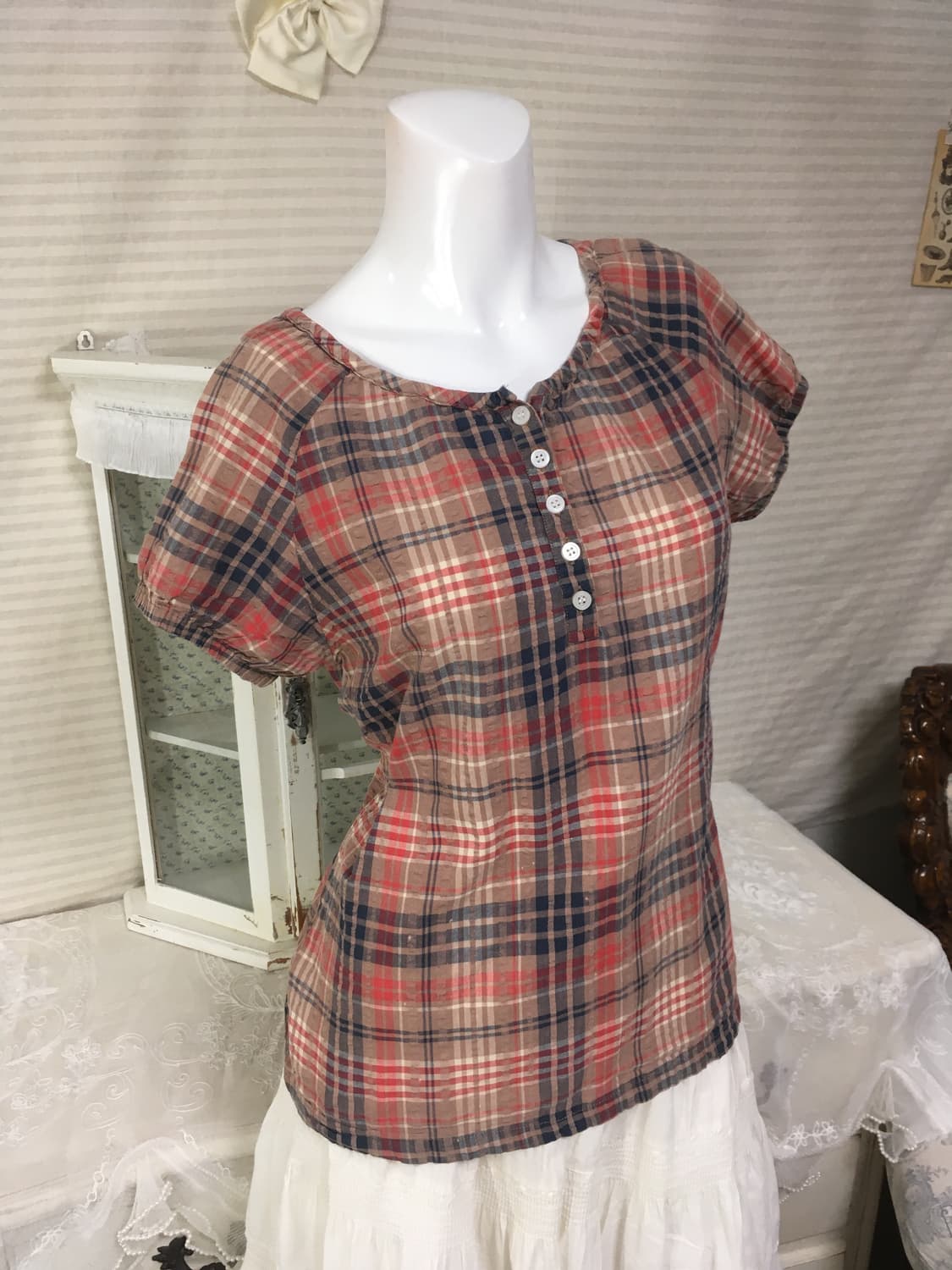 일본빈티지 모리 핑크 브라운 체크 퍼프 블라우스 상품이미지1