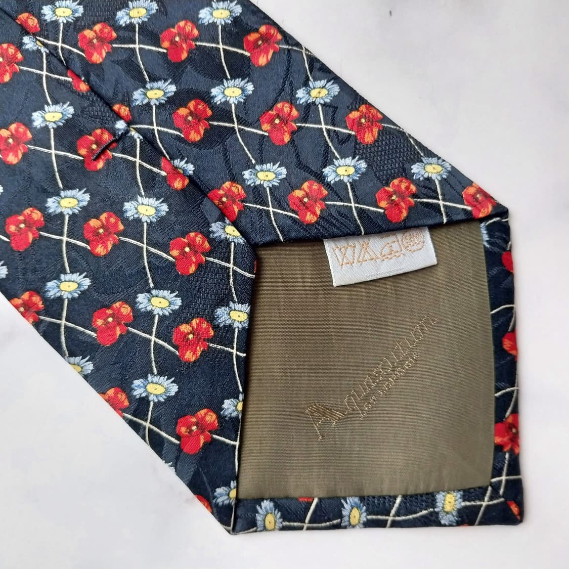아쿠아스큐텀 실크 네이비 플라워 패턴 넥타이 10cm A+등급 K1201 상품이미지9