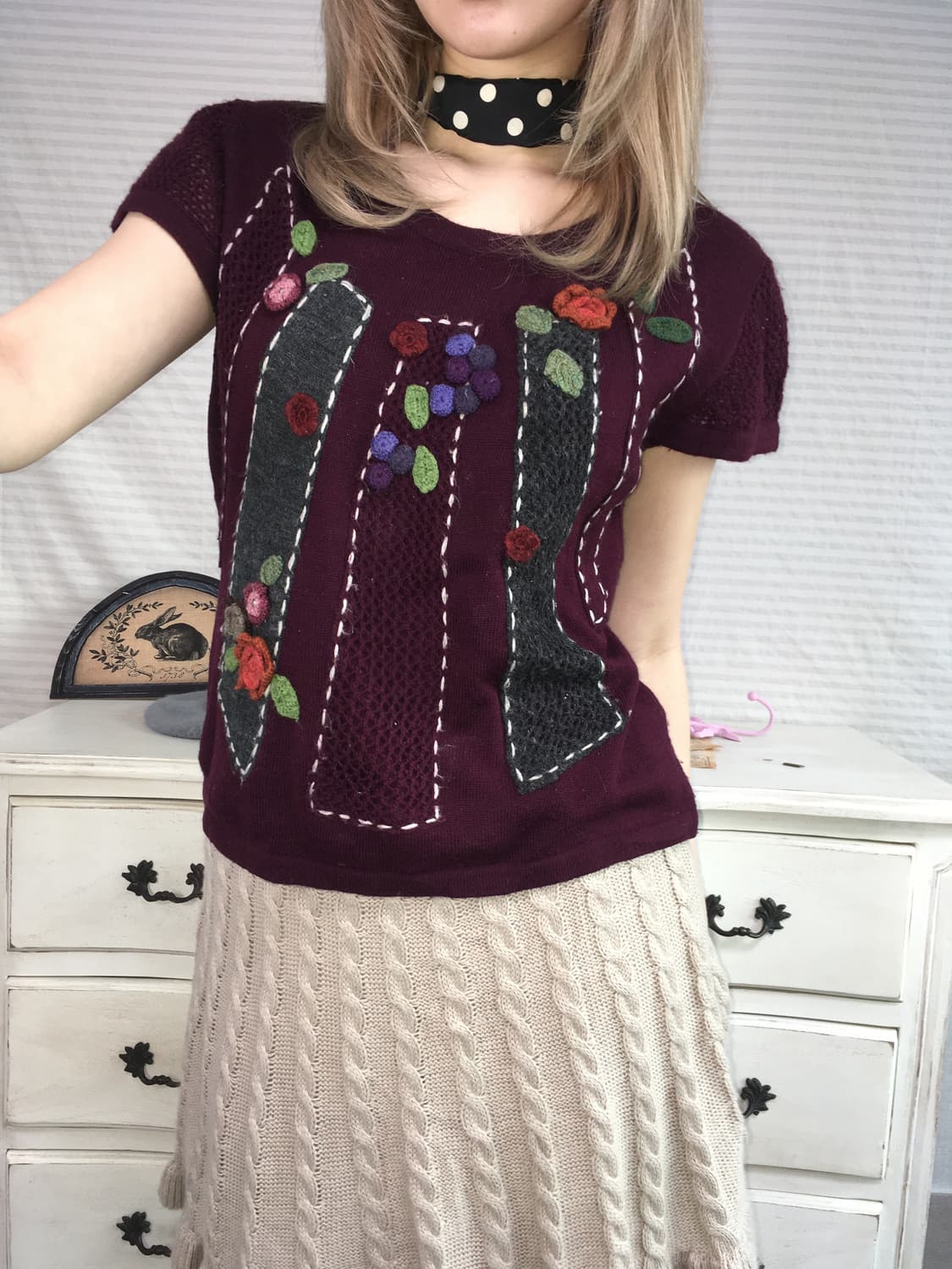 일본빈티지 딥퍼플 자수 크로세 니트 상품이미지3