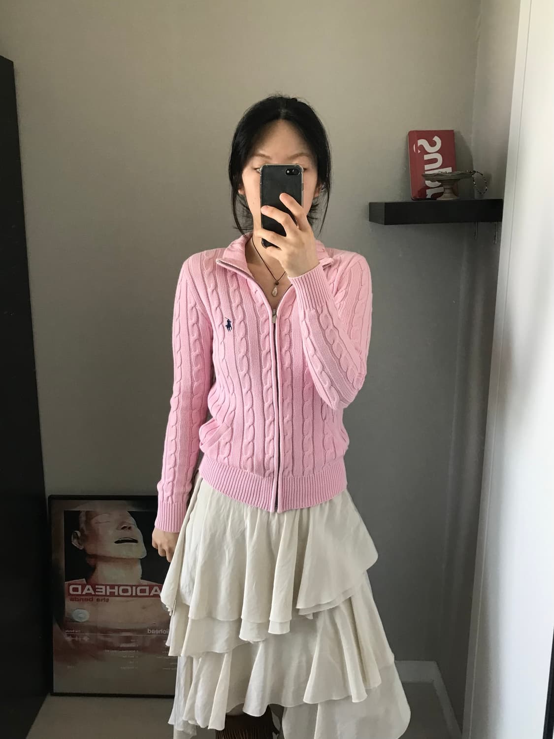 폴로 랄프로렌 포니 로고 핑크 케이블 니트집업 상품이미지5
