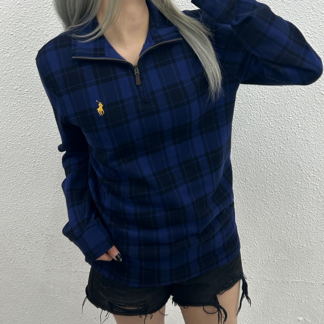 폴로 랄프로렌 옐로우포니 블루 타탄체크 반집업 XS 상품이미지1