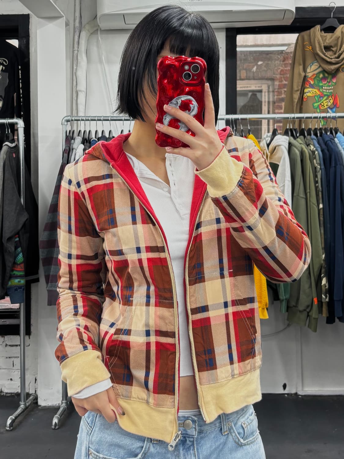 베이프 레드&체크 리버시블 후드집업 상품이미지6