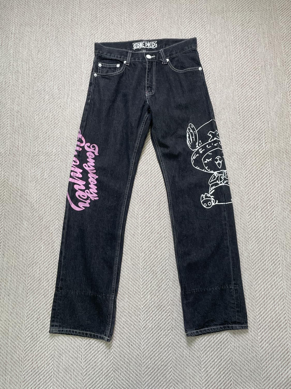 원피스 프린팅 밑단 체크 쵸파 데님 팬츠 J04092 상품이미지1