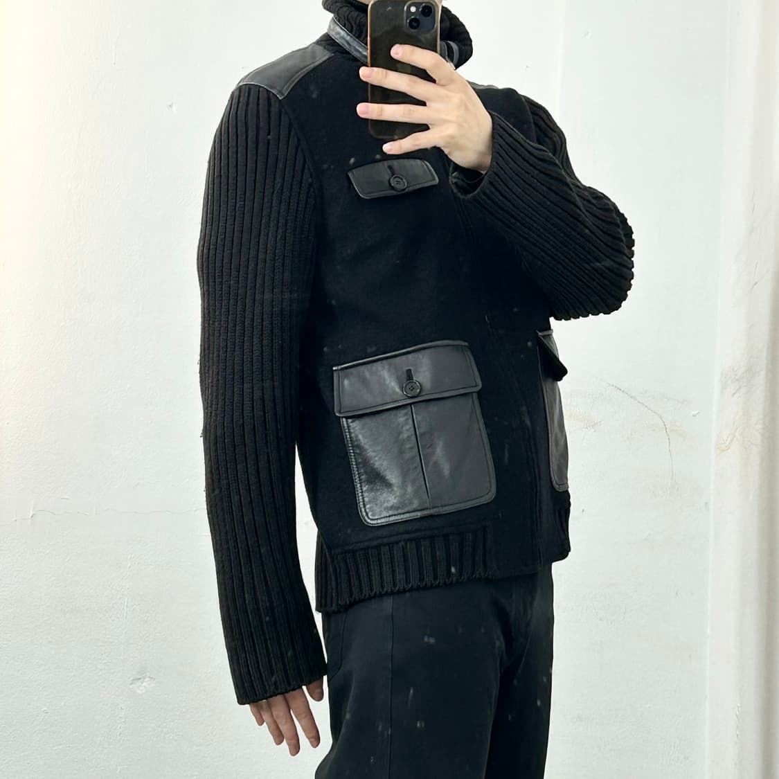 Hombruno 옴브루노 레더 패널 니트 집업 자켓 상품이미지4