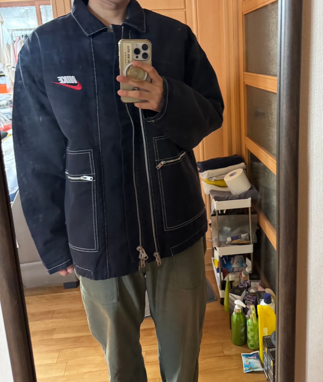 새상품 슈프림 x 나이키 더블 집 퀼티드 워크 자켓 블랙 L 상품이미지5