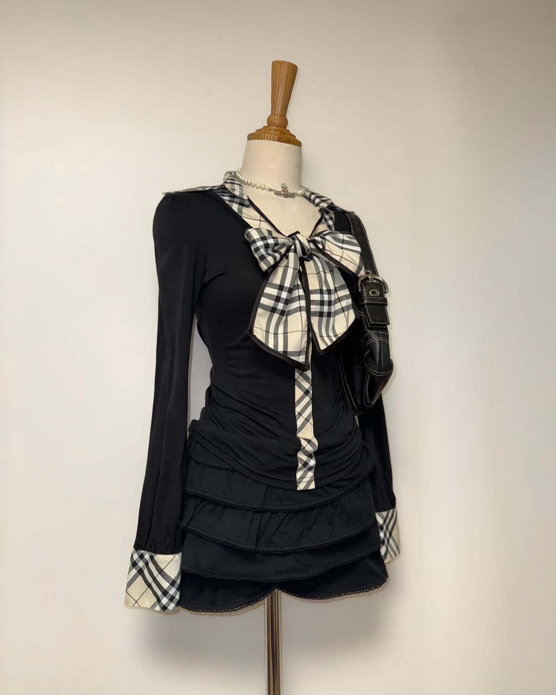 *레어* 핑크믹스 갸루 리본 체크 롱슬리브 상품이미지2