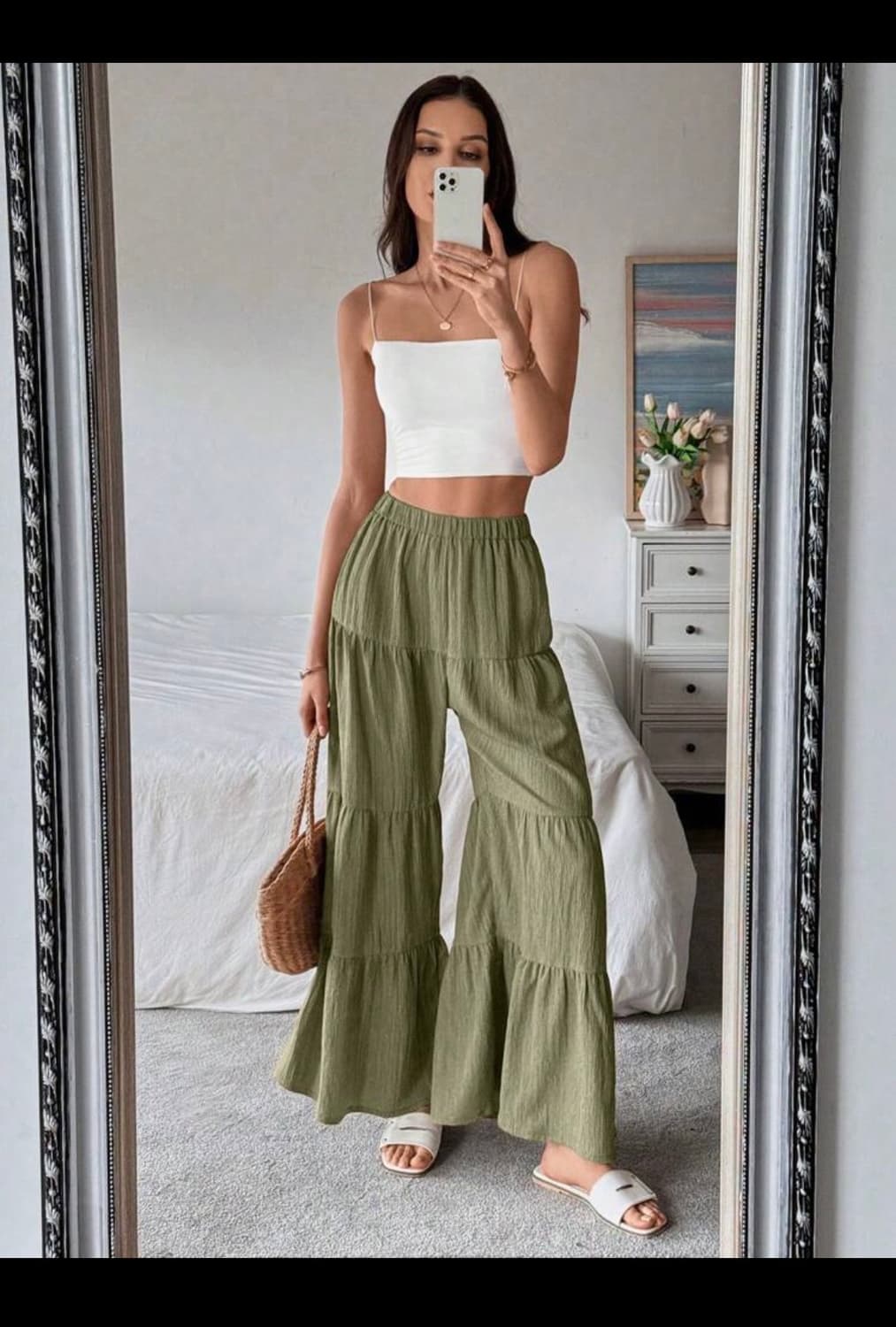 boho 보헤미안 카키 밴딩 롱 와이드 팬츠 프리 상품이미지1