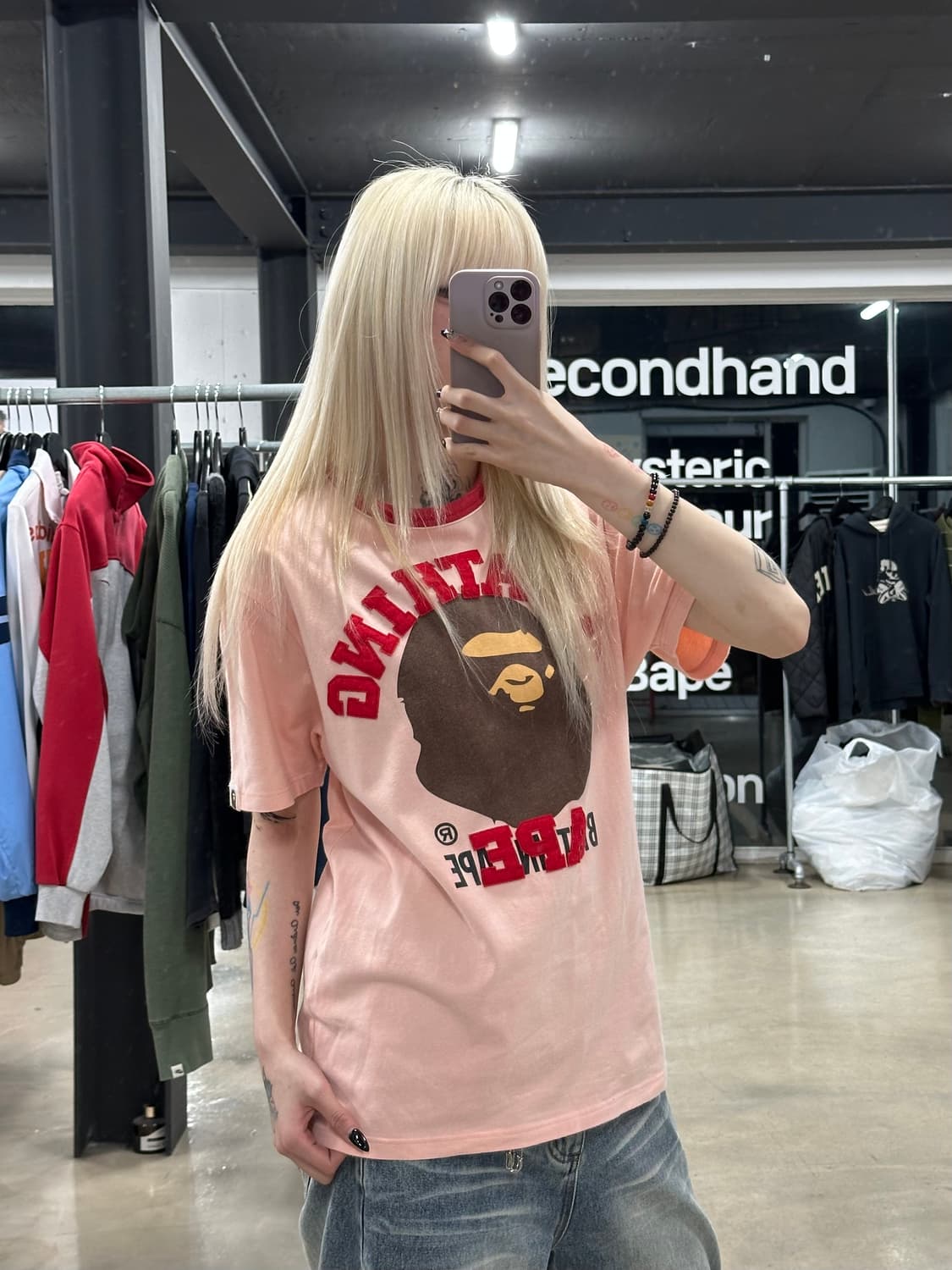 베이프 핑크 컬리지 패치 사루 반팔티 상품이미지1