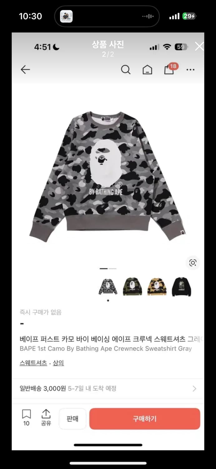 베이프 퍼스트 카모 바이 베이싱 에이프 크루넥 스웨트셔츠 맨투맨 그레이 상품이미지1