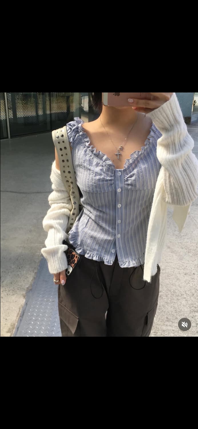 스트라이프 블라우스 소라색 새상품 상품이미지5