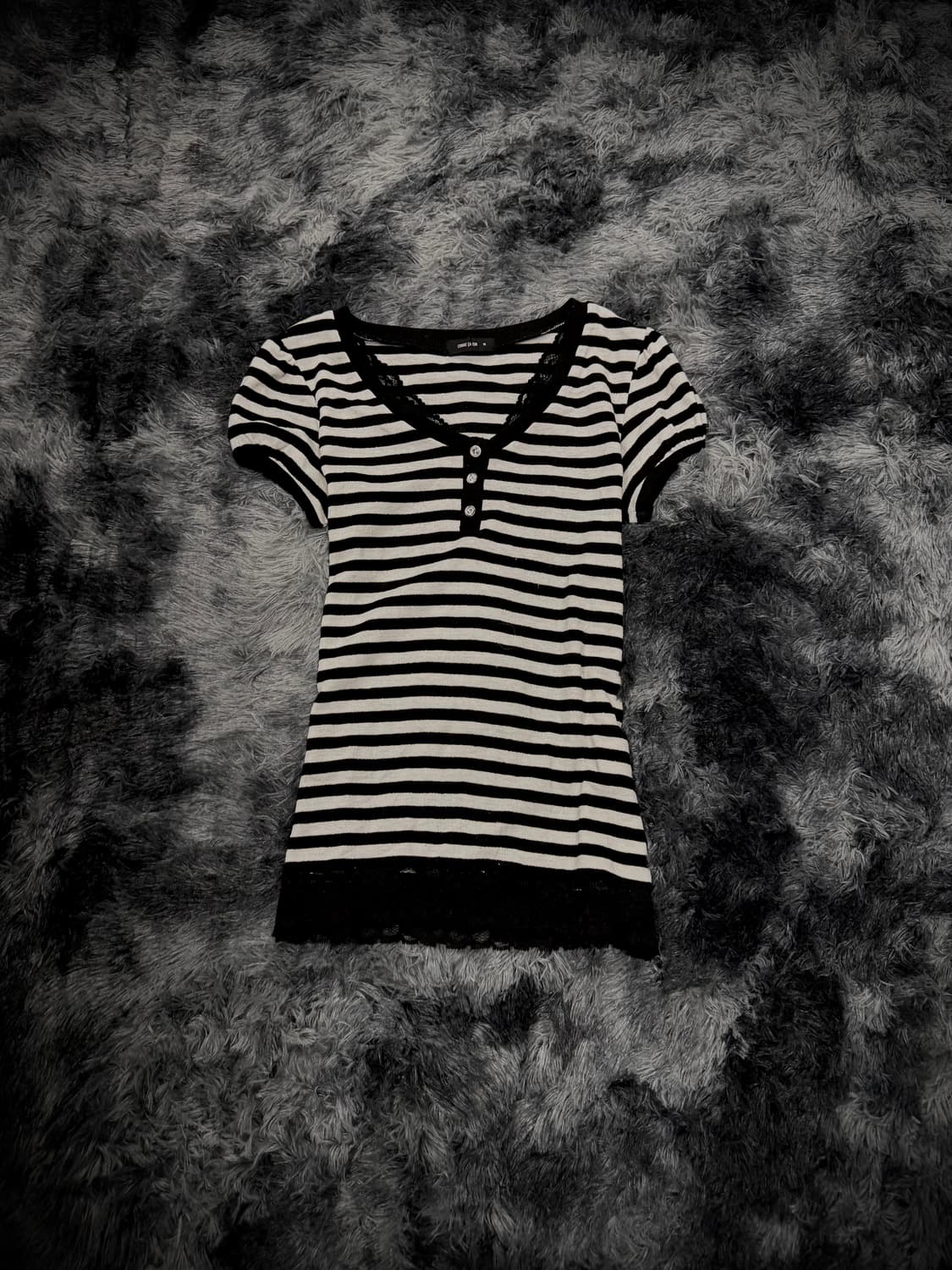 스트라이프 패턴 밑단 레이스 Y2k 퍼프소매 링거티 상품이미지1